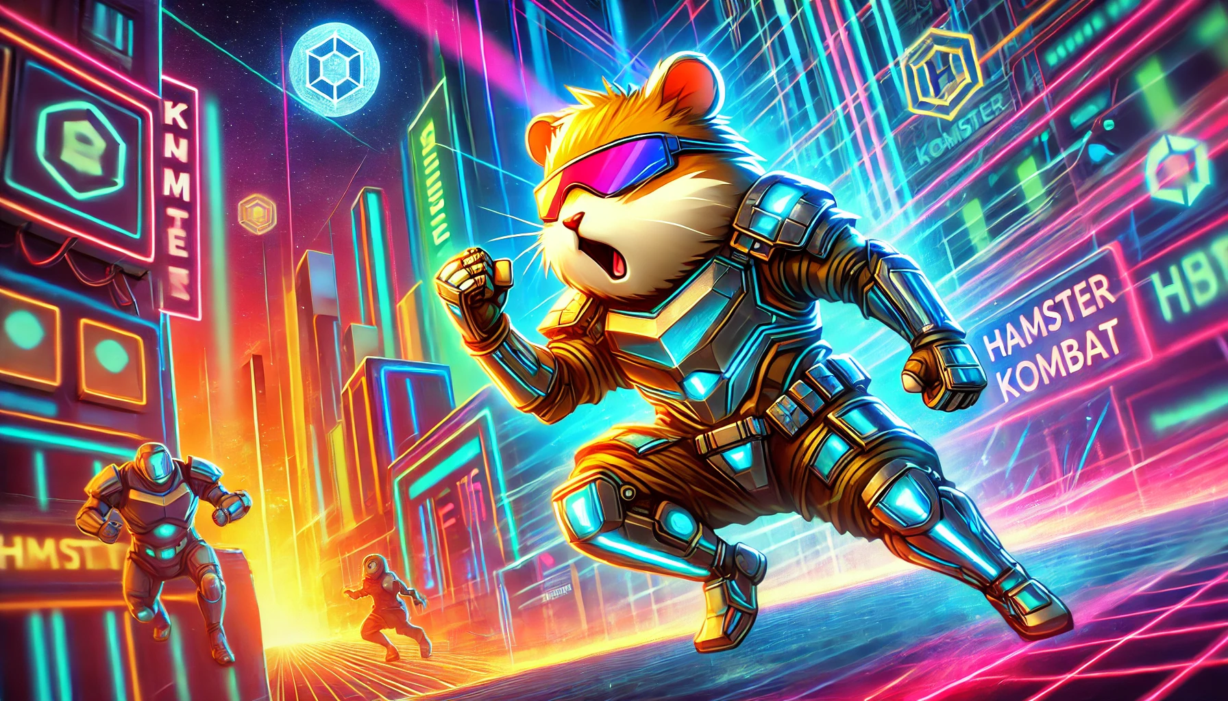 Futuristic hamster character in battle armor, standing in a neon-lit digital cityscape, symbolizing the launch of Hamster Kombat's $HMSTR token in September 2024.